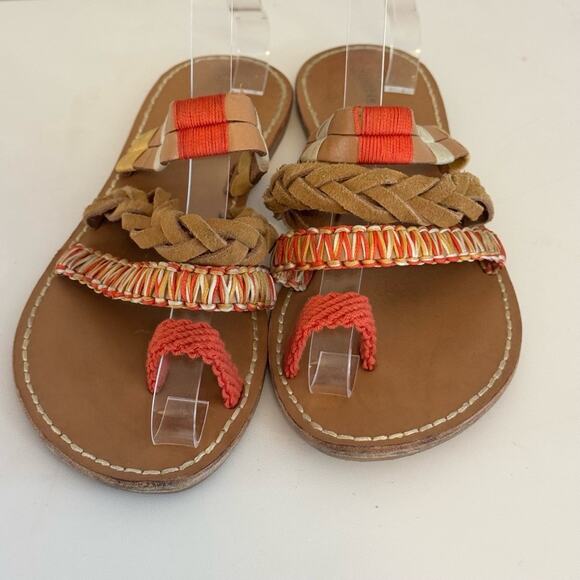 Soludos leather Brown Sandals Size 8.5 red Braided Slip On Flat Boho Beachy - Picture 2 of 7